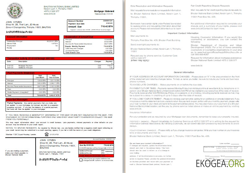 Relevé hypothécaire de la Banque nationale du Bhoutan, 2 pages, 1, 2 scr